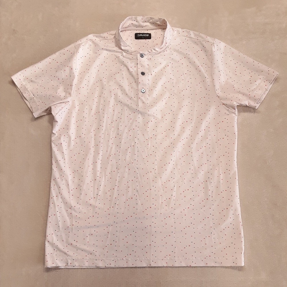 Druids Mens Mandarin Collar Golf Shirt Large Off White Polka Dot Micro Print